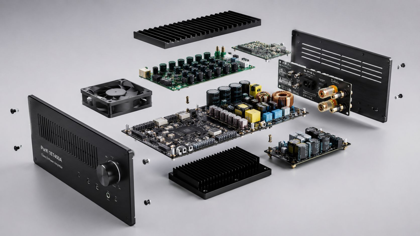 An exploded view of a high-end Class D power amplifier showing internal electronic components and housing.