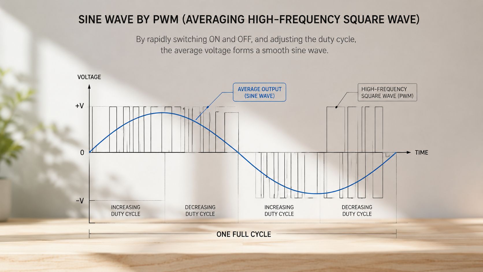 A diagram illustrating how a high-frequency PWM square wave creates a smooth sine wave output signal.