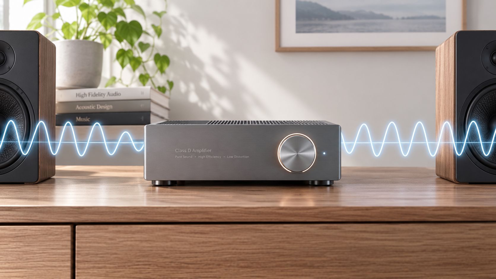 A modern Class D amplifier sitting on a wooden desk between two speakers with blue soundwaves.