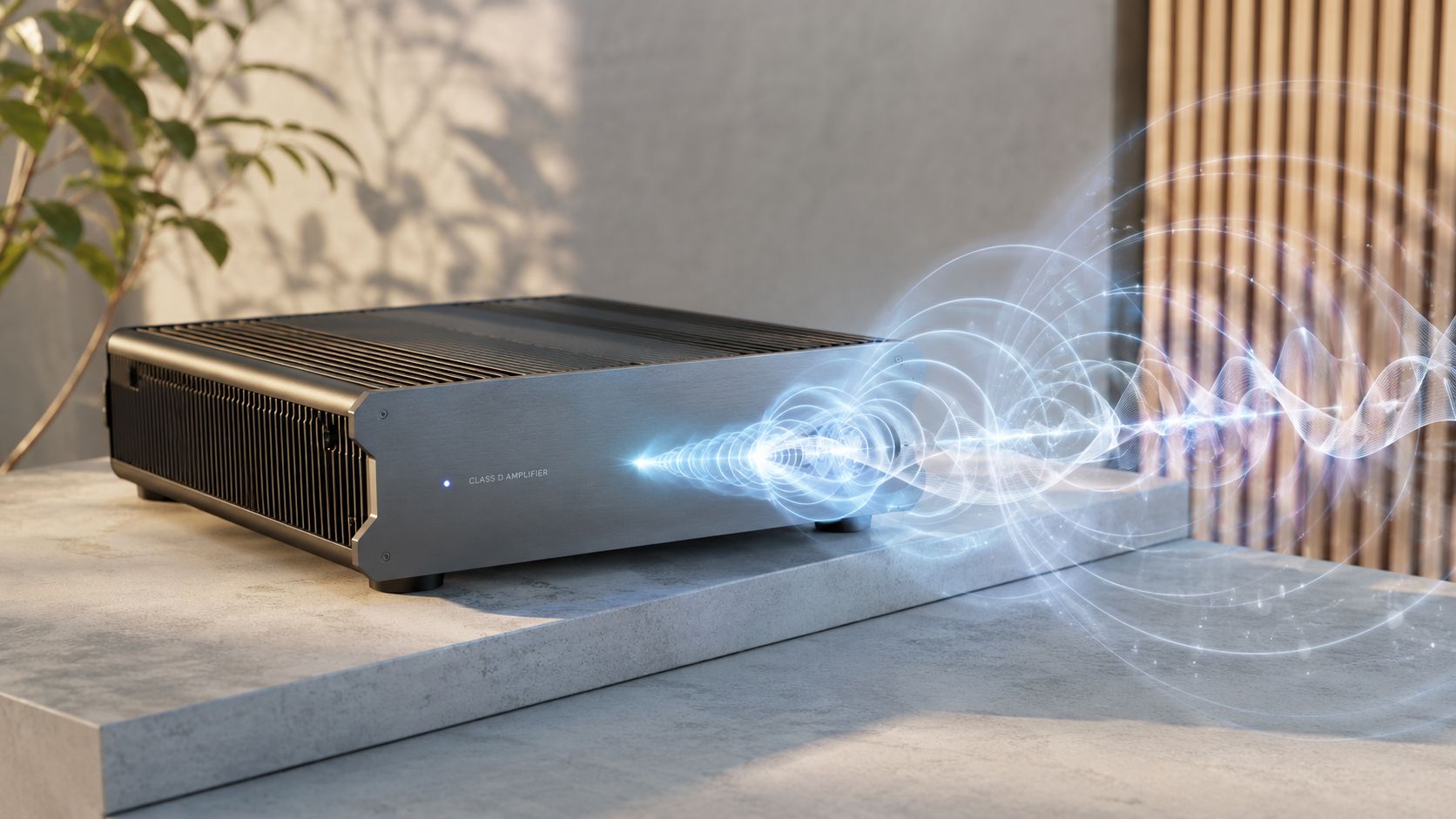 A modern silver Class D amplifier sitting on a surface with visual sound wave graphics emerging from it.