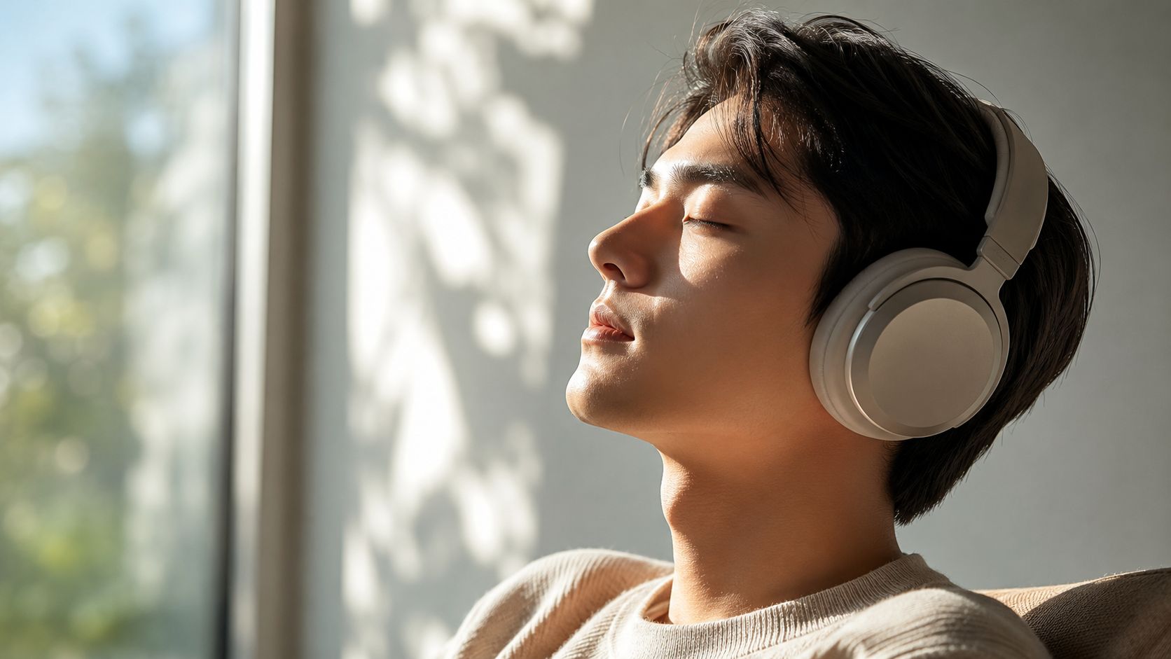 A relaxed young Asian man with eyes closed wearing high-quality white headphones while enjoying music.