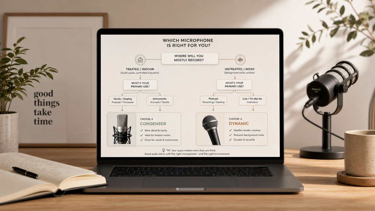 A laptop screen displaying a flowchart infographic helping users choose between condenser and dynamic microphones for recording.