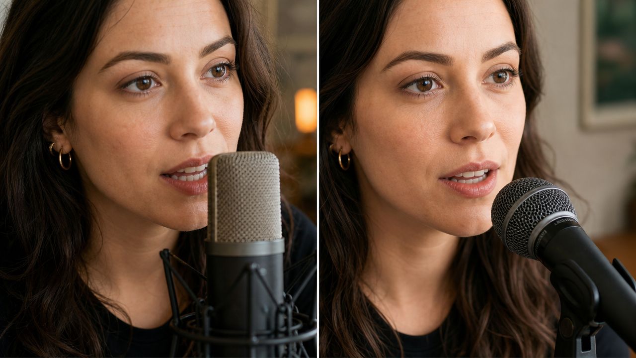 A split-screen comparison showing a woman speaking into a studio condenser microphone and a handheld dynamic microphone.