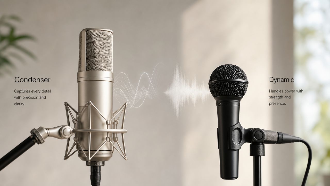 A side-by-side comparison of a professional condenser microphone and a rugged dynamic microphone on stands.