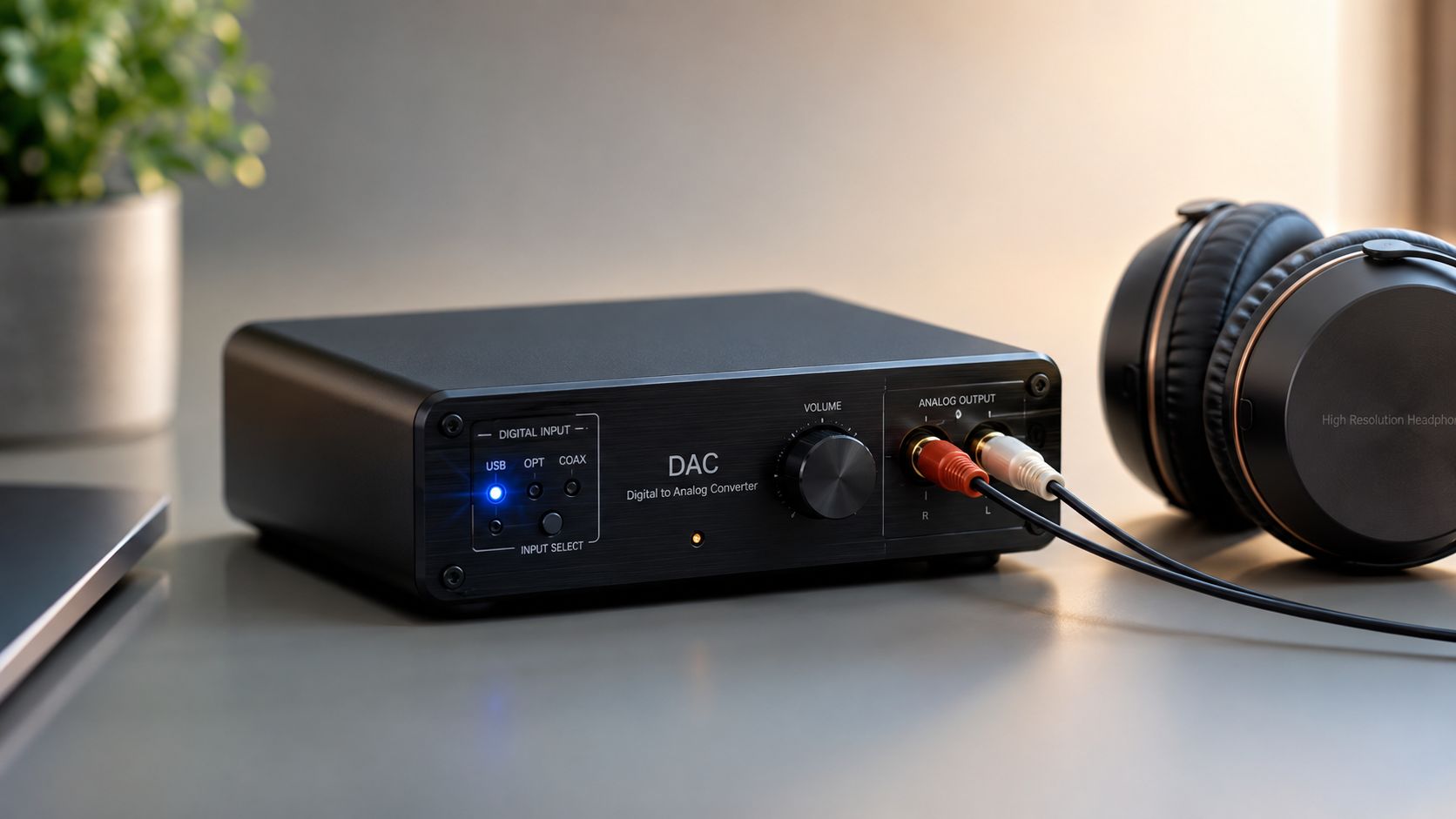 A modern black desktop digital to analog converter with wired headphones resting on a desk.