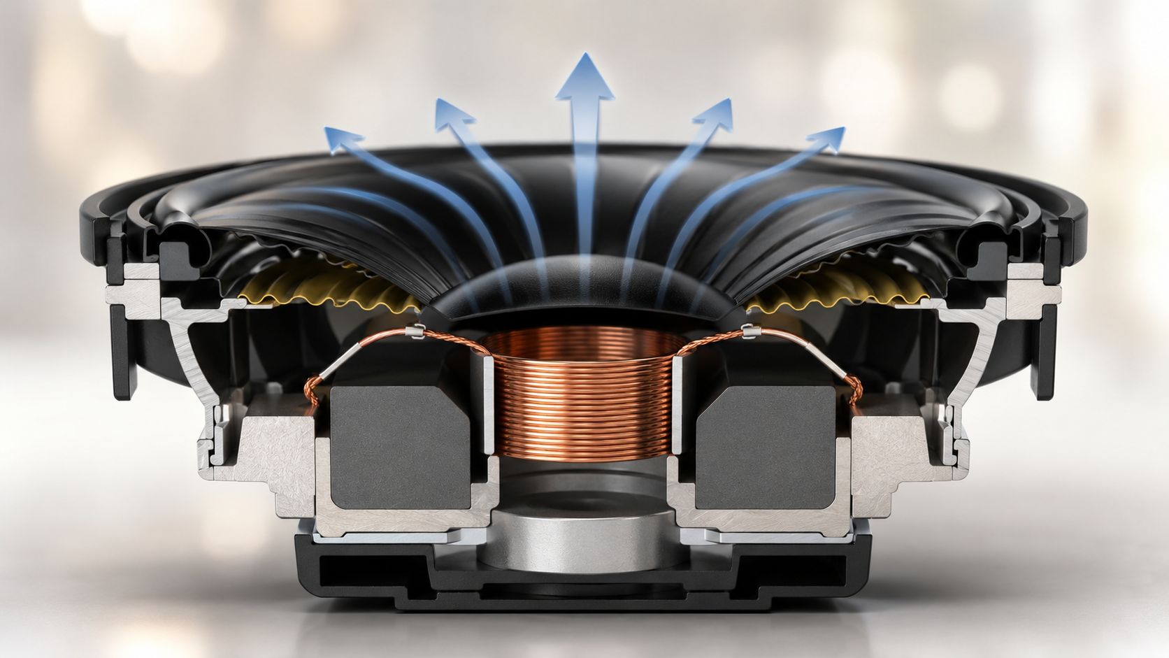 A cross-section diagram of a dynamic speaker driver showing the voice coil, magnet, and sound wave emission.