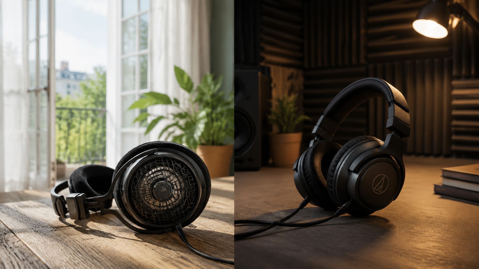 Two pairs of professional audiophile headphones displayed side by side on a rustic wooden desk.