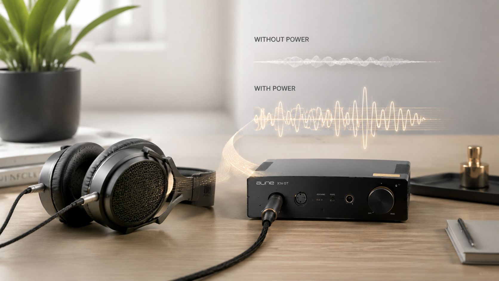 A pair of premium headphones connected to an Aune X1s GT amplifier on a wooden desk surface.