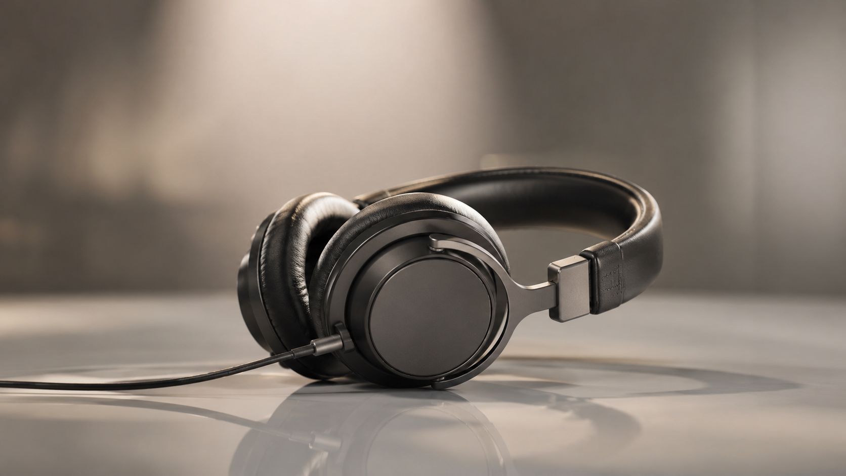 A pair of sleek black wired over-ear headphones resting on a smooth reflective surface.