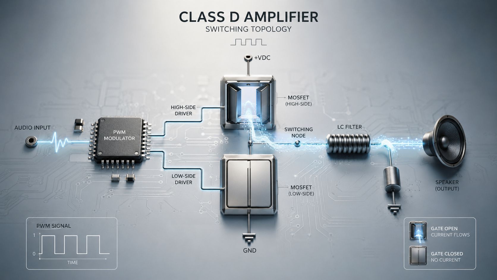 A diagram illustrating the switching topology of a Class D amplifier including MOSFETs and an LC filter.