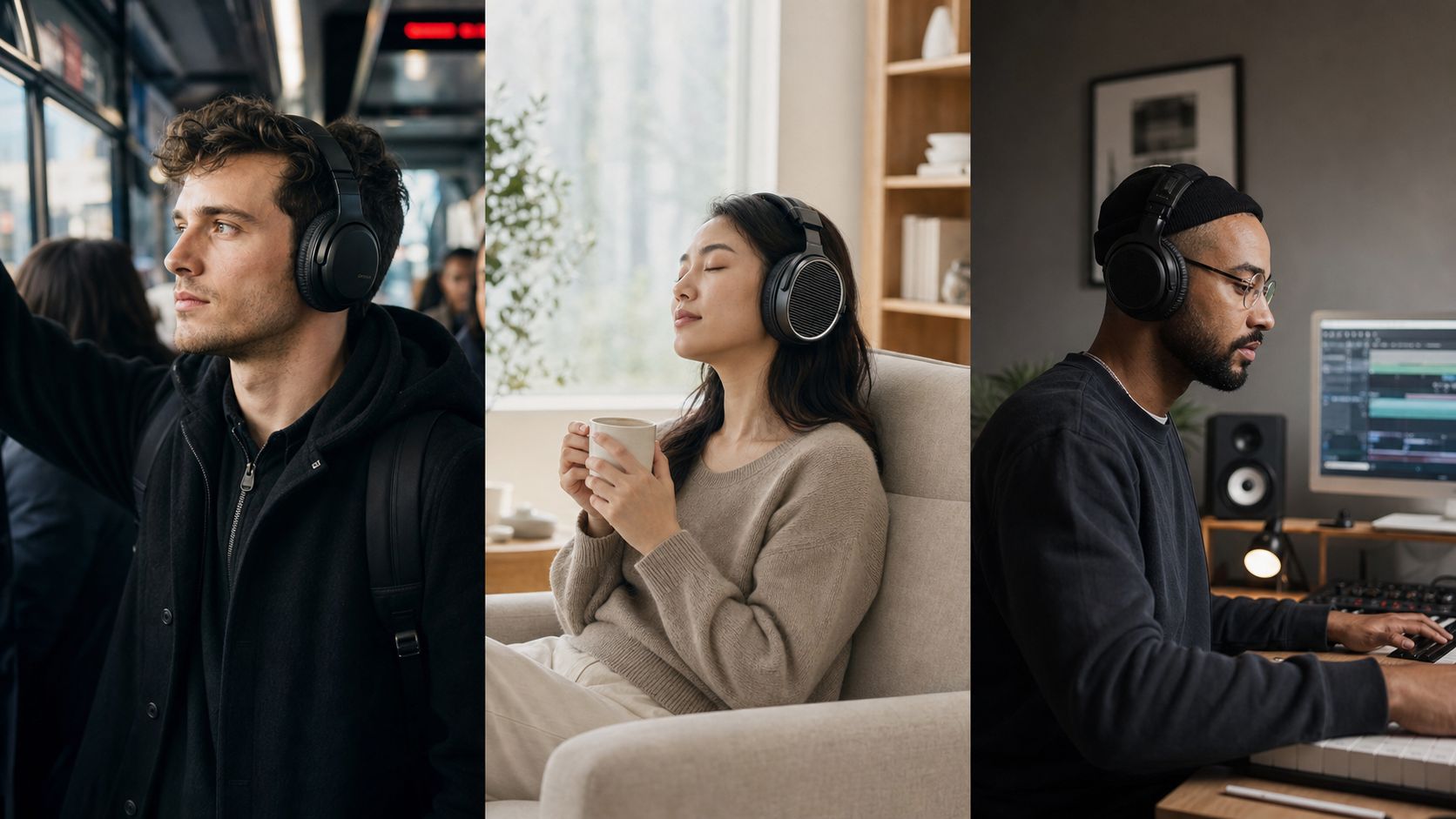 Collage of people using different styles of headphones while commuting, relaxing at home, and working professionally.