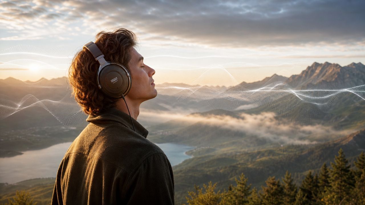 A young man enjoying music outdoors with open back headphones while looking at a beautiful mountain view.