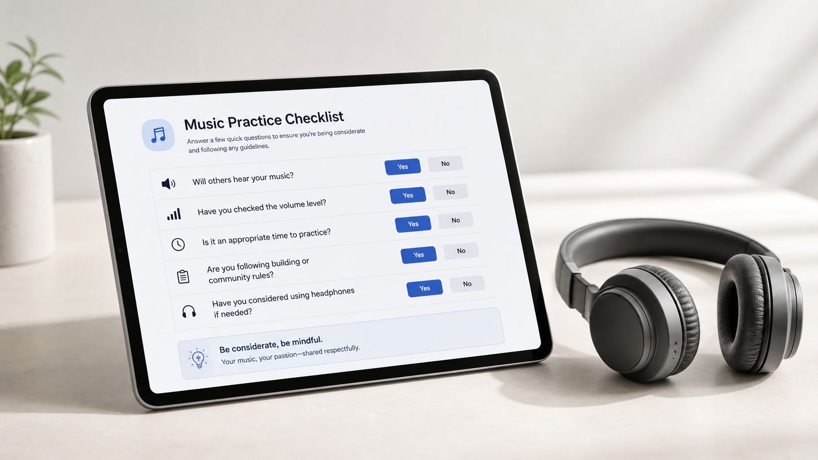 A tablet screen displaying a music practice checklist next to a pair of black headphones on a desk.