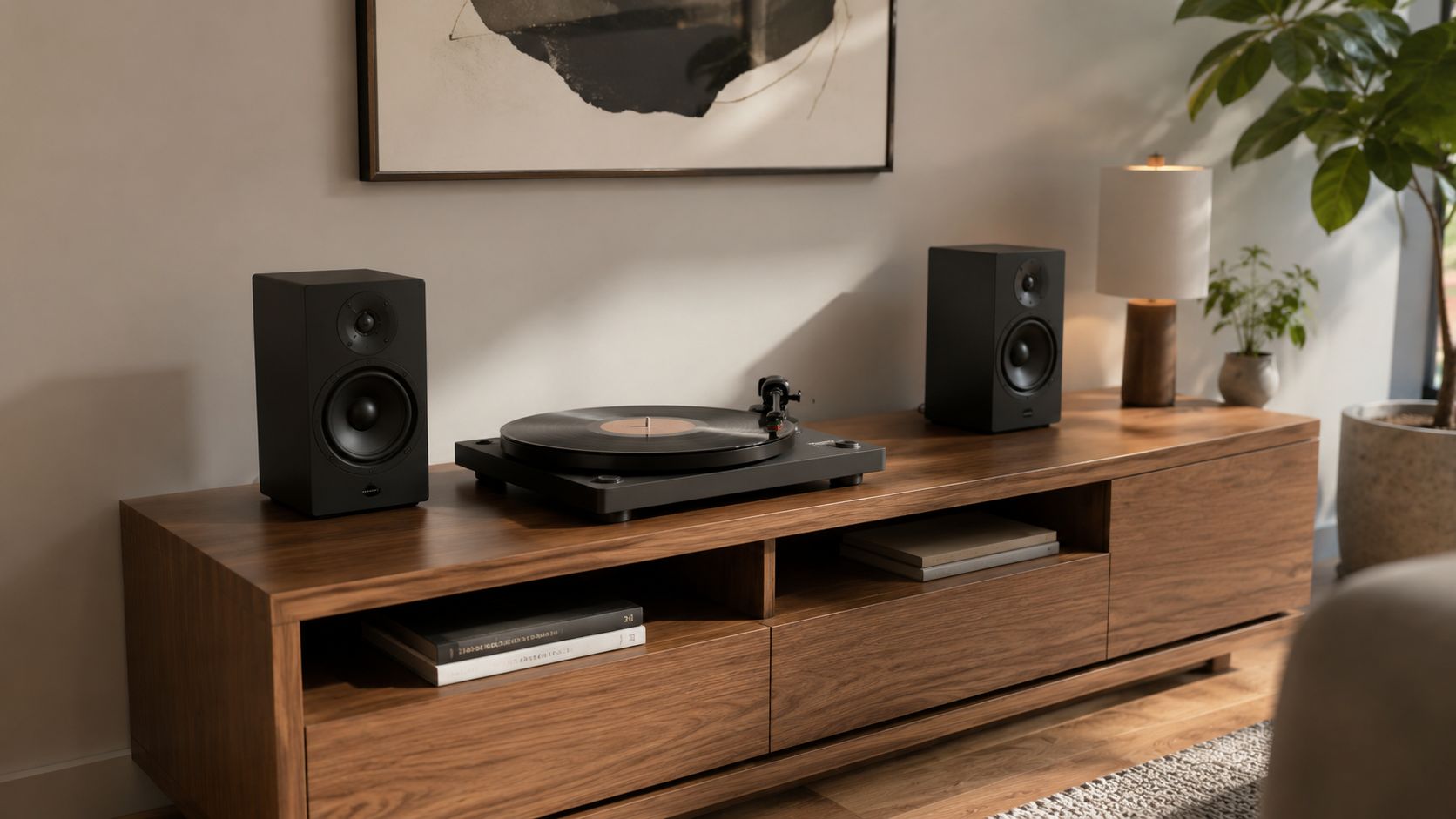 A modern living room setup with a minimalist record player and two black speakers on a wooden console.