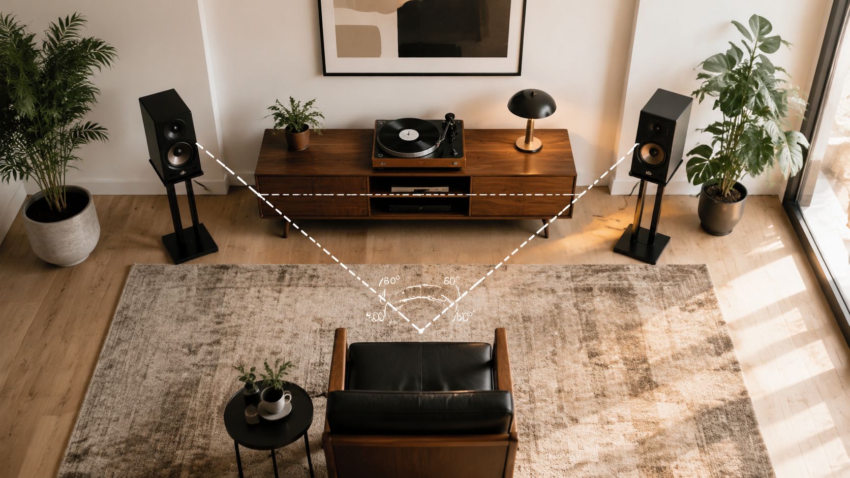 An overhead view of a stylish living room featuring a record player setup with speakers angled correctly.