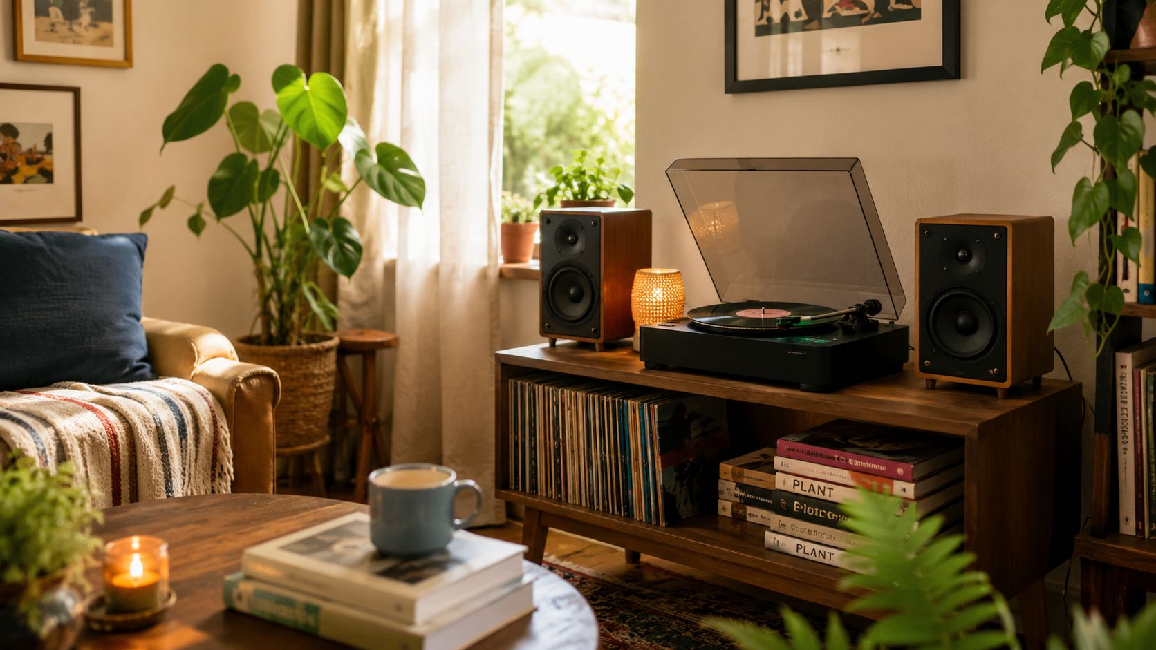 A cozy, sunlit living room featuring a record player setup, vinyl records, and vibrant houseplants on a wooden console.