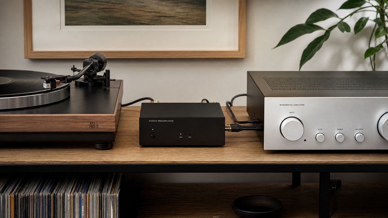 A complete high-fidelity vinyl turntable setup for beginners featuring a record player, phono preamplifier, and integrated amplifier.