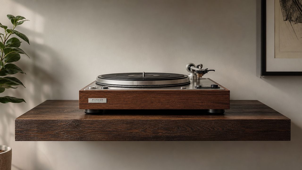 A vintage Pioneer turntable with a wooden base sitting on a dark wooden shelf in a room.