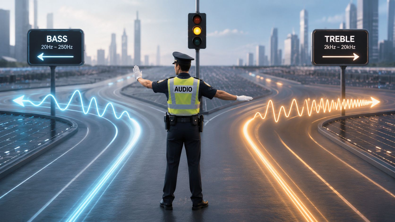A police officer directing traffic with audio waves representing bass and treble frequencies on a city road.