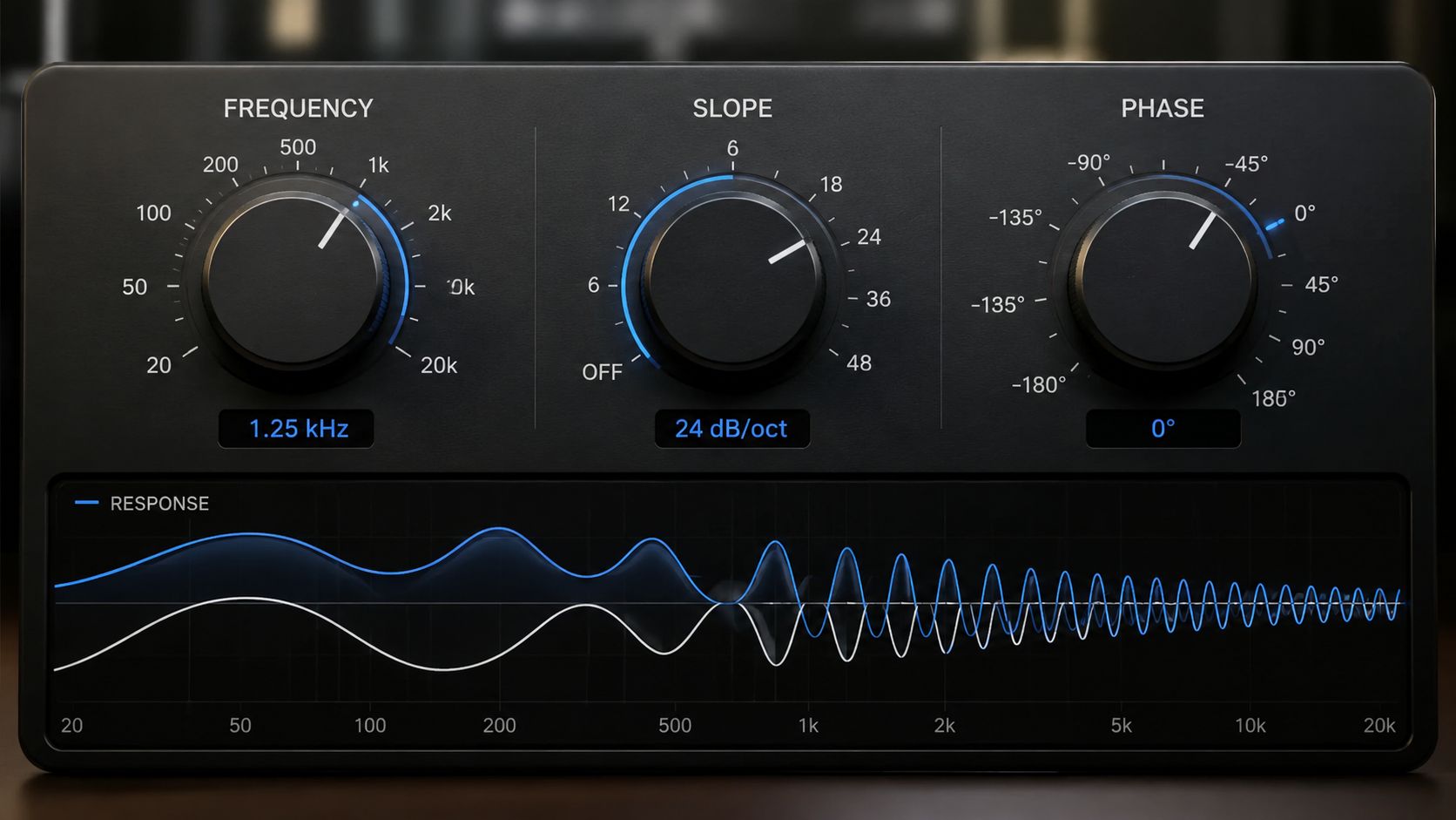 A digital audio plugin interface showing frequency, slope, and phase adjustment knobs for sound equalization settings.