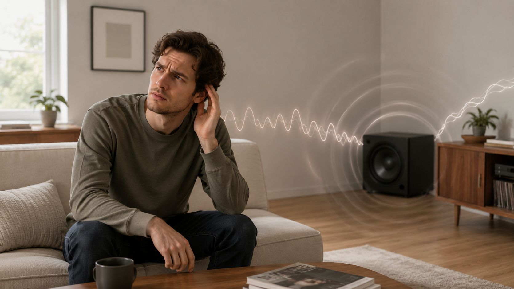 A man sitting on a sofa looking concerned while hearing loud sound waves from a nearby subwoofer speaker.