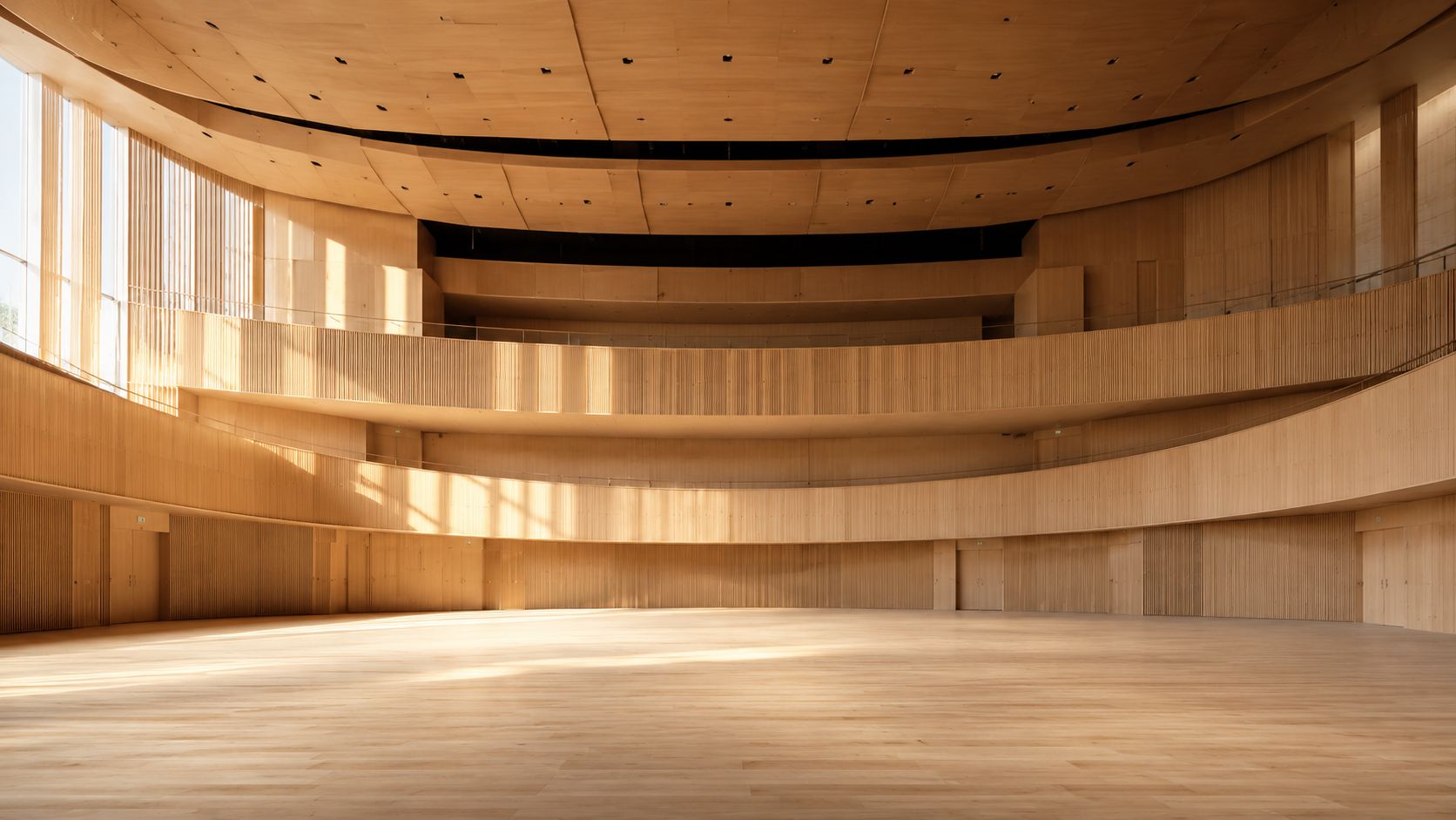 A wide angle shot of a modern, empty concert hall featuring warm wood paneling and curved balconies.
