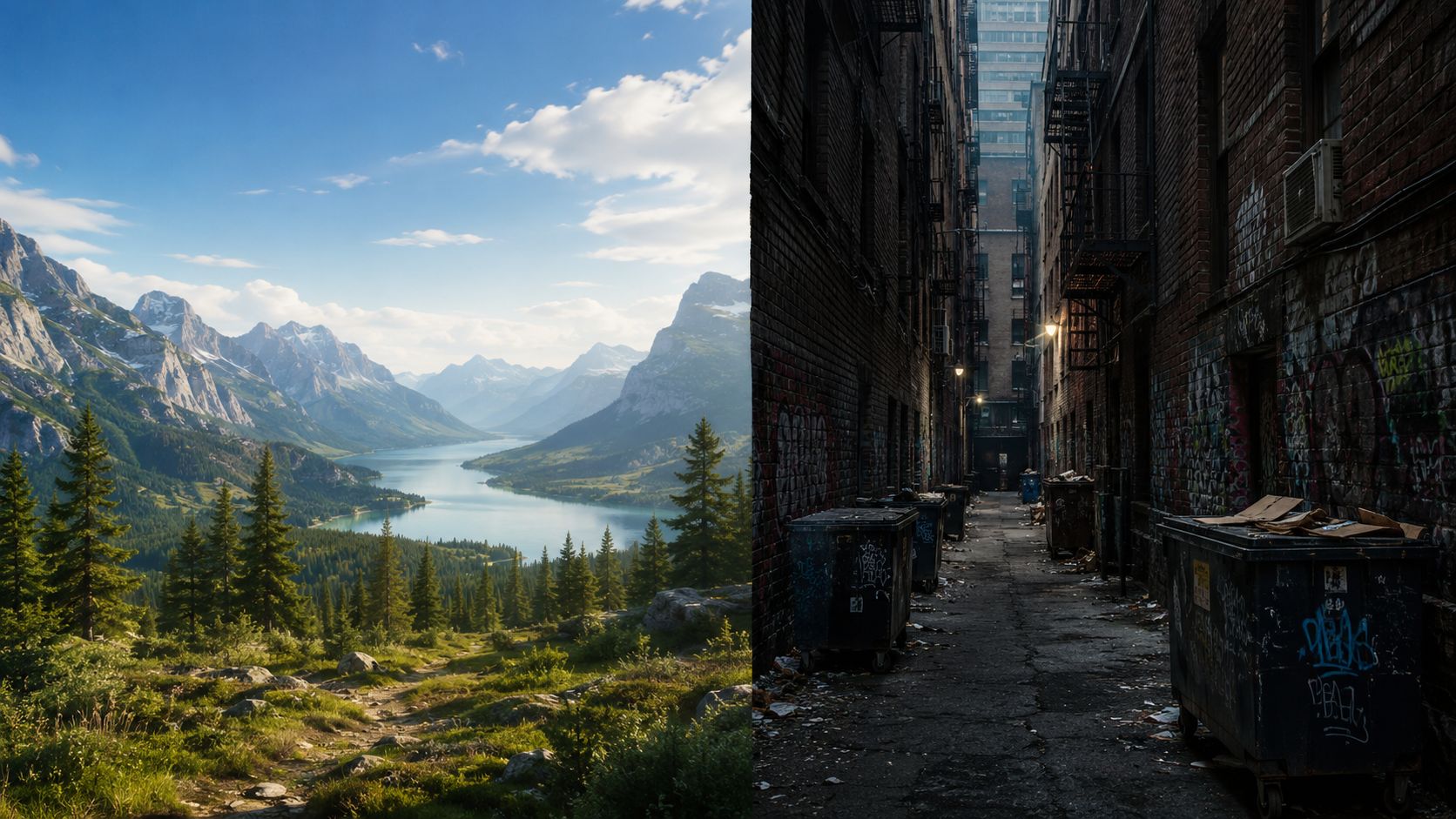 A split screen comparing a beautiful sunny mountain lake landscape with a dark urban alleyway.