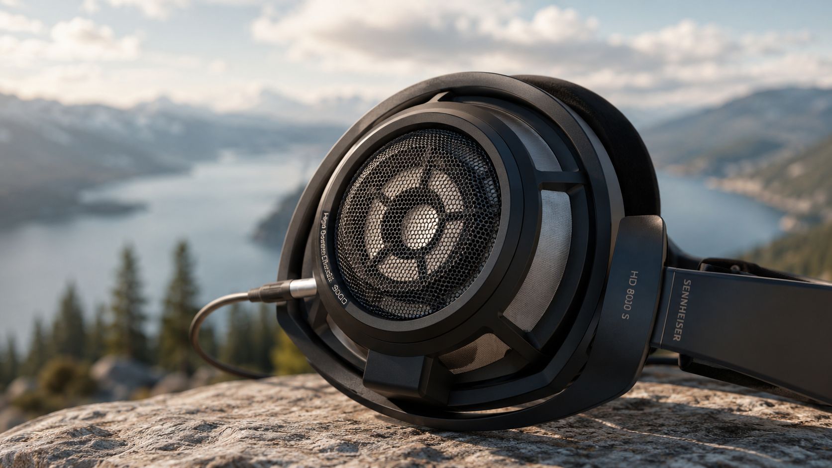 A pair of premium Sennheiser HD 800S headphones resting on a rocky cliff overlooking a scenic fjord.