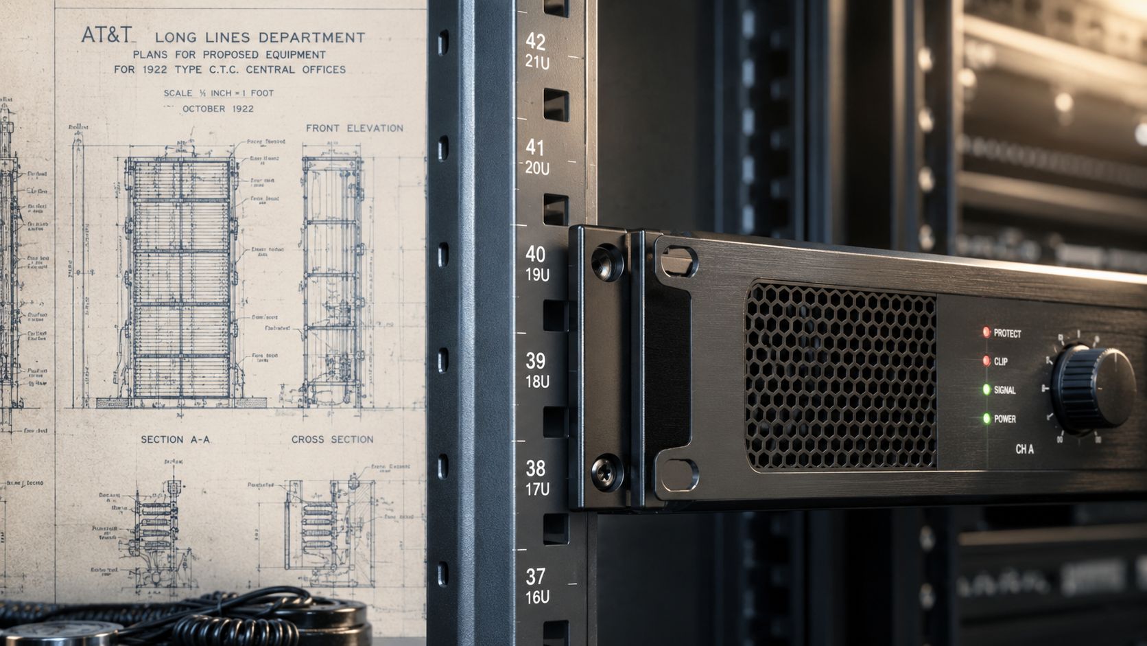 A professional audio amplifier mounted in a server rack next to vintage architectural blueprint drawings.