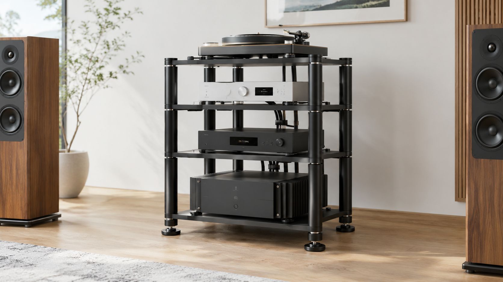 A modern audio gear rack showcasing a turntable, amplifier, and high-end stereo equipment in a living room.