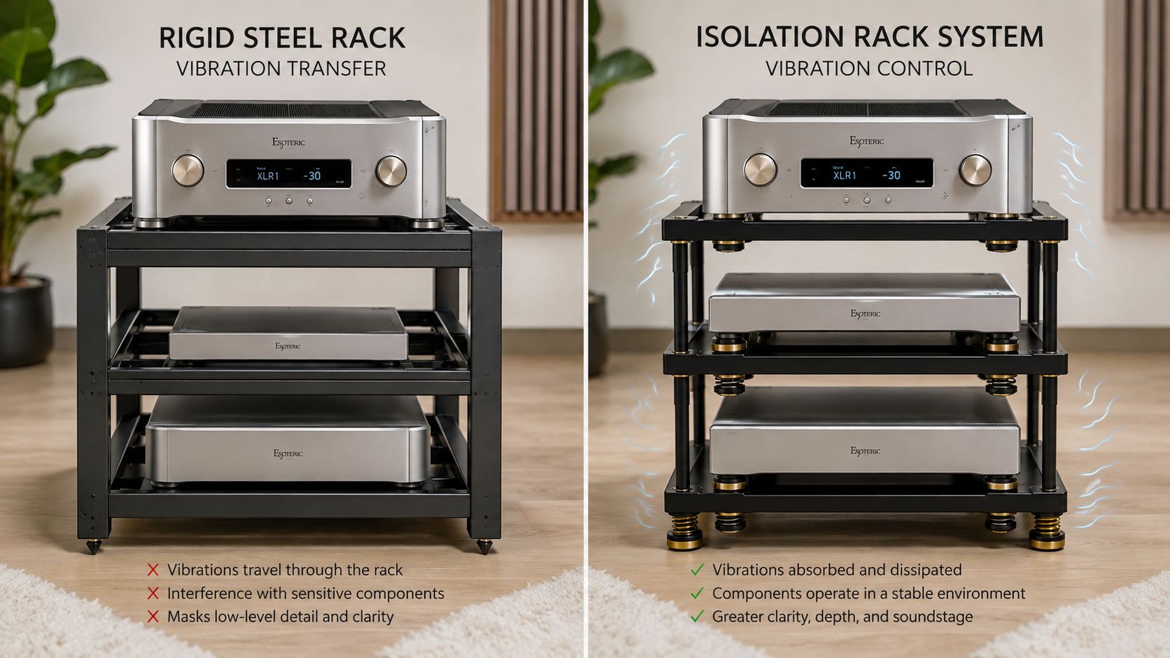 A side-by-side comparison showing a rigid steel audio rack versus an isolation rack system with vibration control.