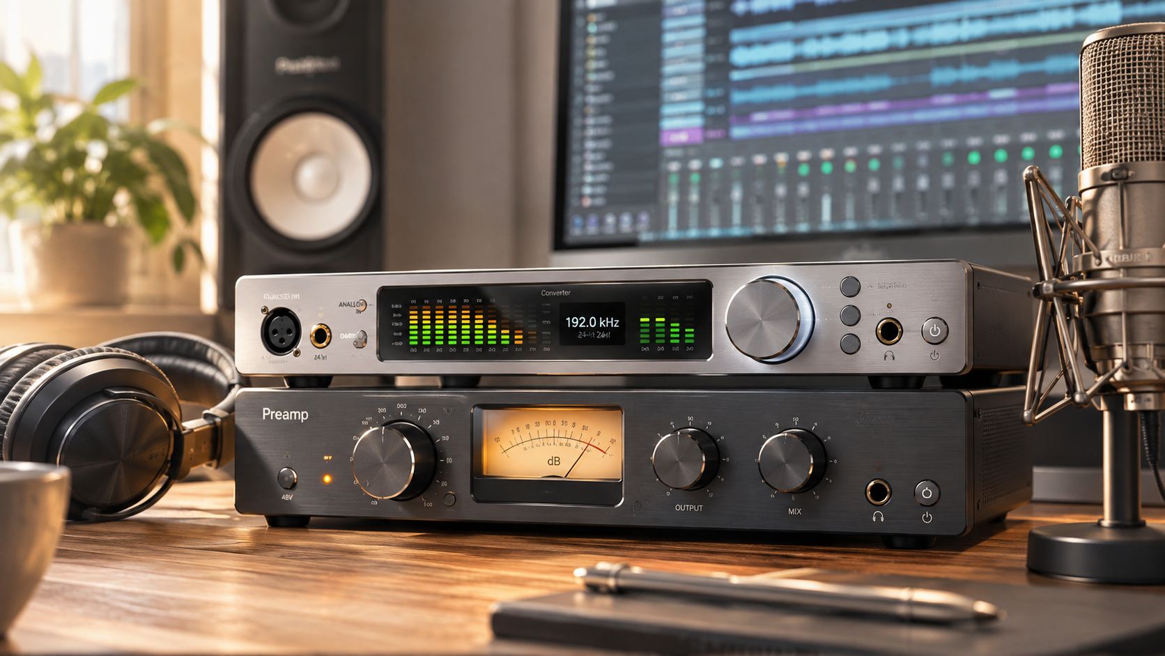 A professional home studio setup featuring an audio interface, a preamp, headphones, and a large condenser microphone.