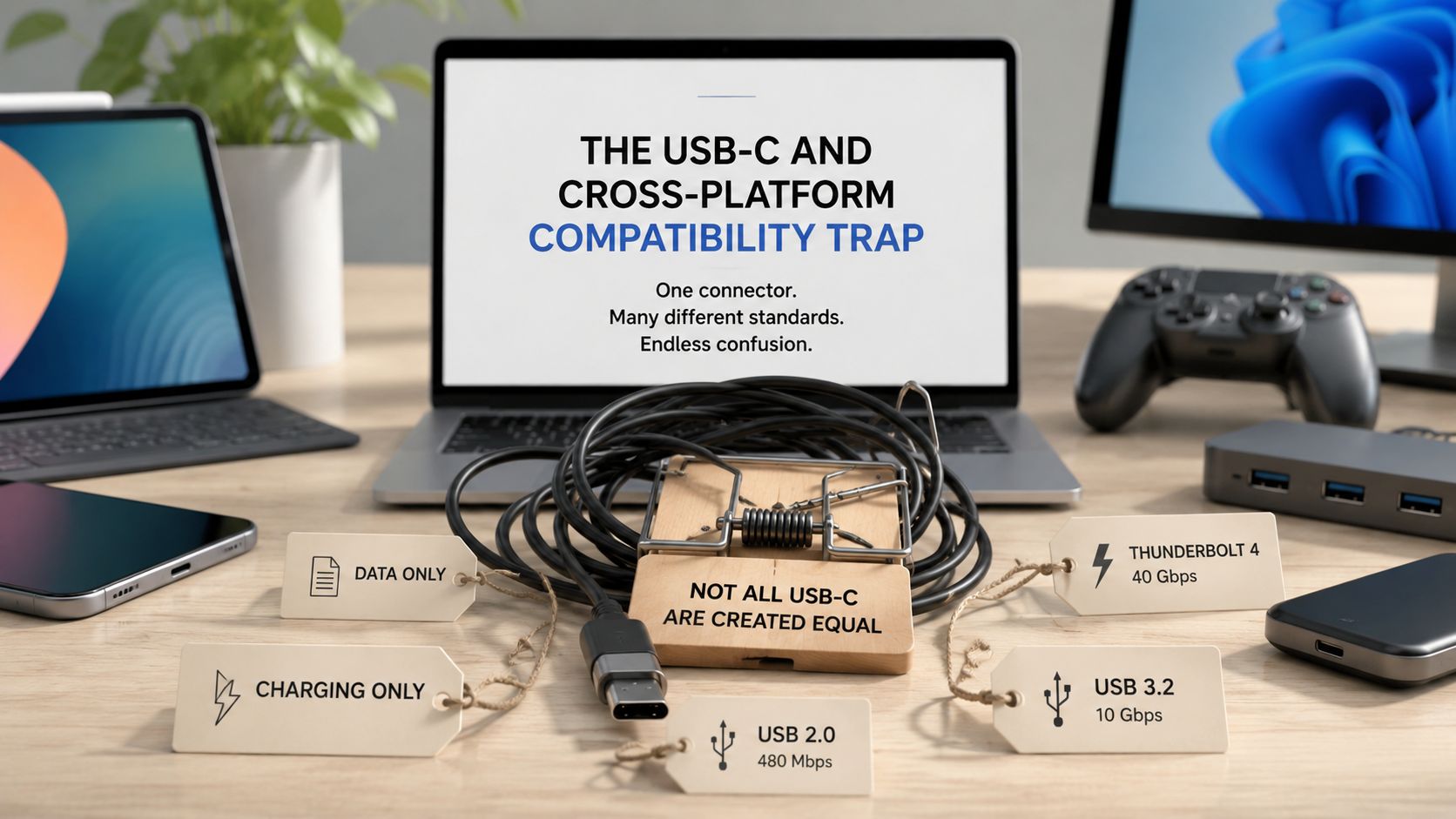 A visual representation of the confusion surrounding USB-C standards, featuring cables on a mousetrap with various capabilities.