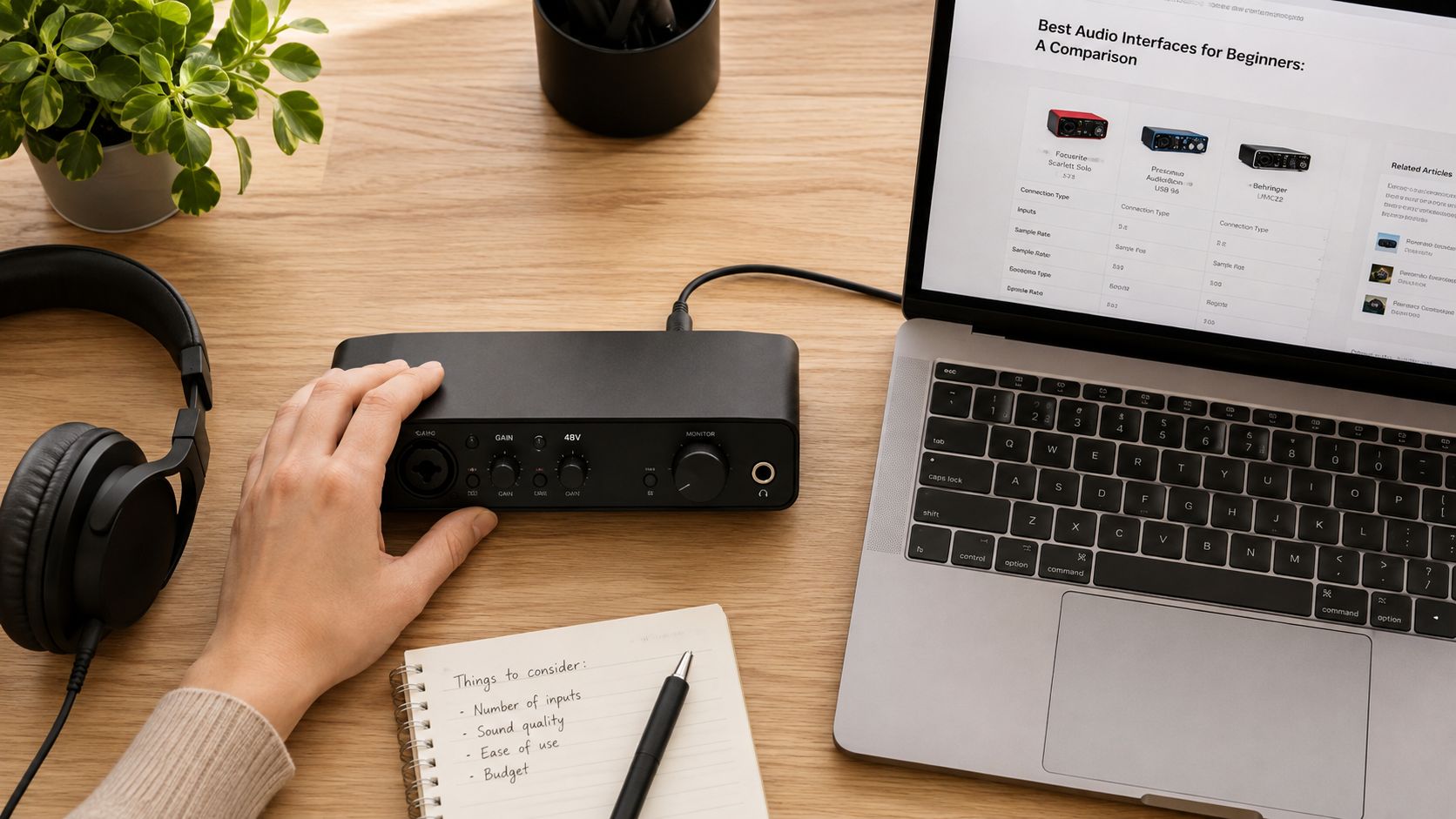 A person adjusting an audio interface on a wooden desk with a laptop and notebook nearby.