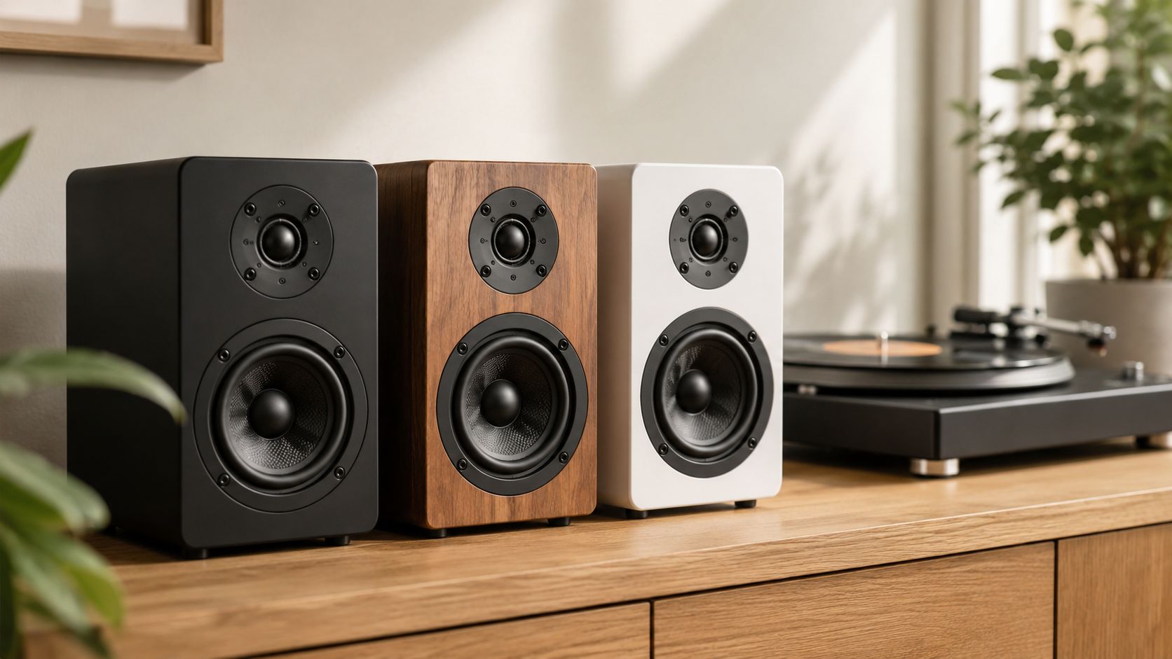 A row of three bookshelf speakers in black, wood grain, and white finishes sitting on a table.