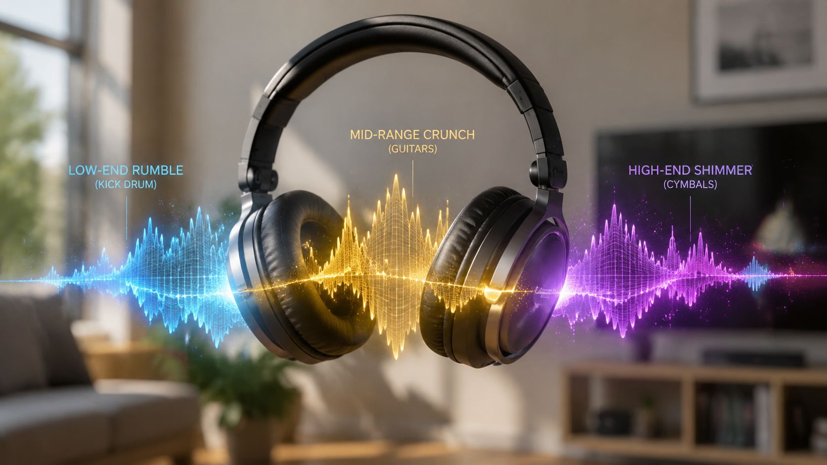A pair of premium headphones displaying colorful light waves visualizing different frequency ranges for rock music playback.
