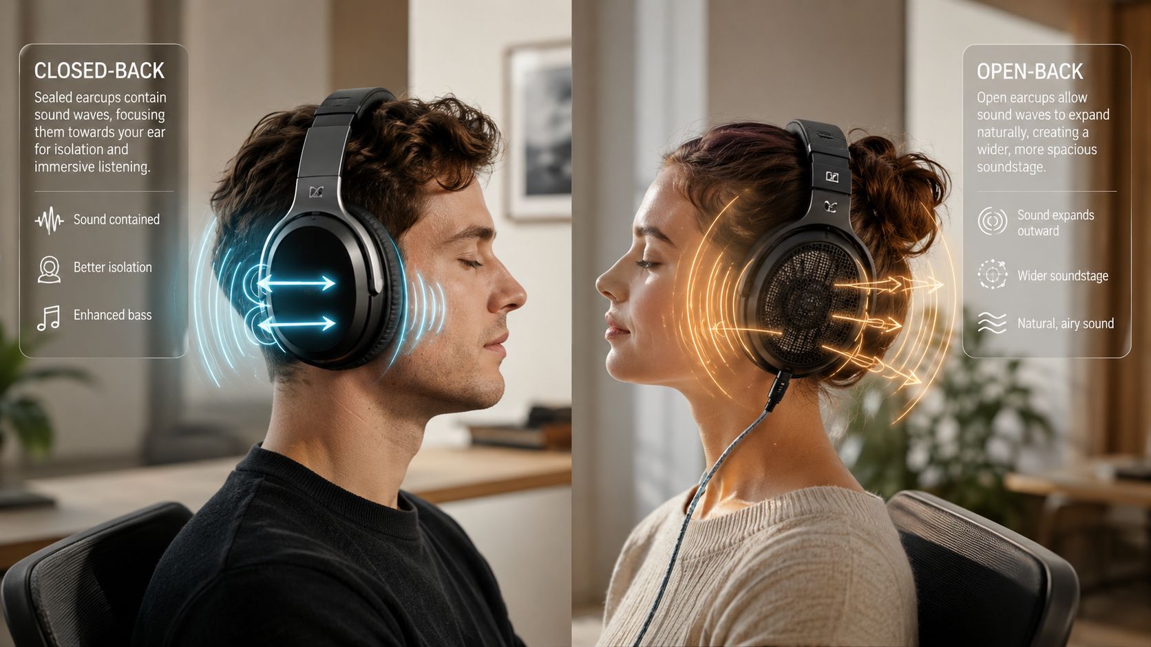 A side-by-side comparison showing a man wearing closed-back headphones and a woman wearing open-back headphones.