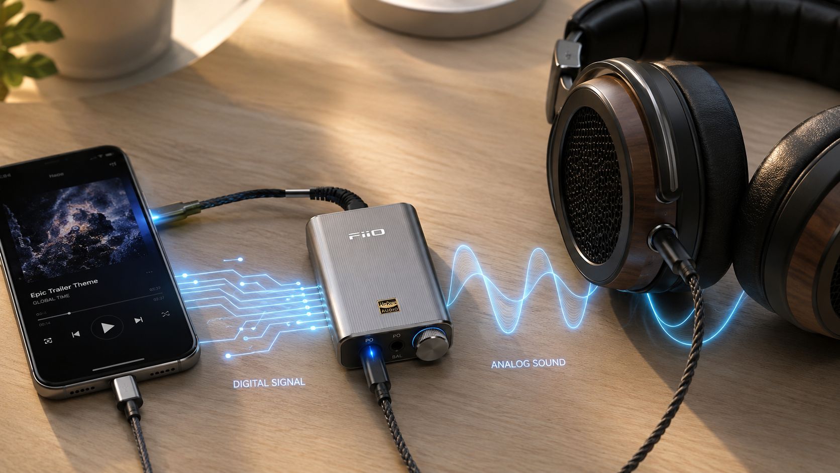 A FiiO portable DAC amplifier connected to a smartphone and high-quality wooden headphones on a wooden desk.