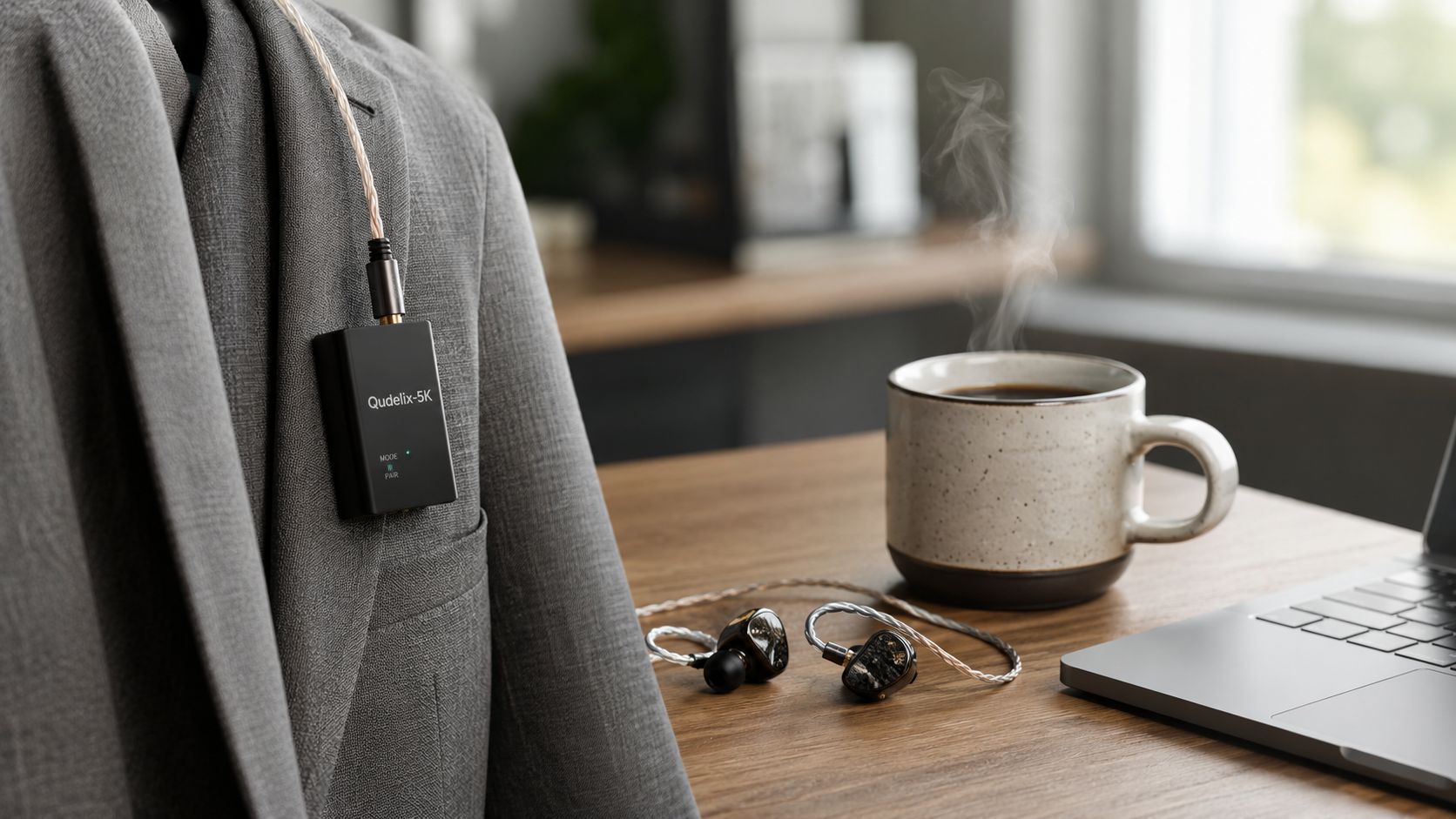 A Qudelix-5K portable DAC amp clipped to a suit jacket near a coffee mug and earphones.