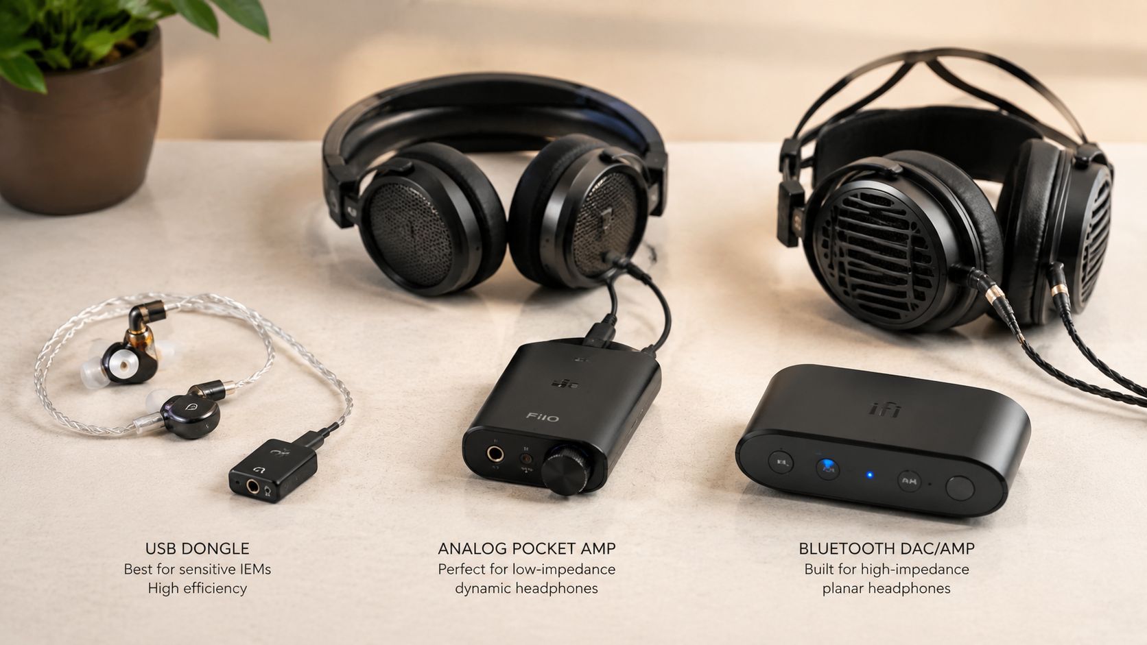 Three types of audio amplification devices: a USB dongle, an analog pocket amp, and a Bluetooth DAC/amp setup.