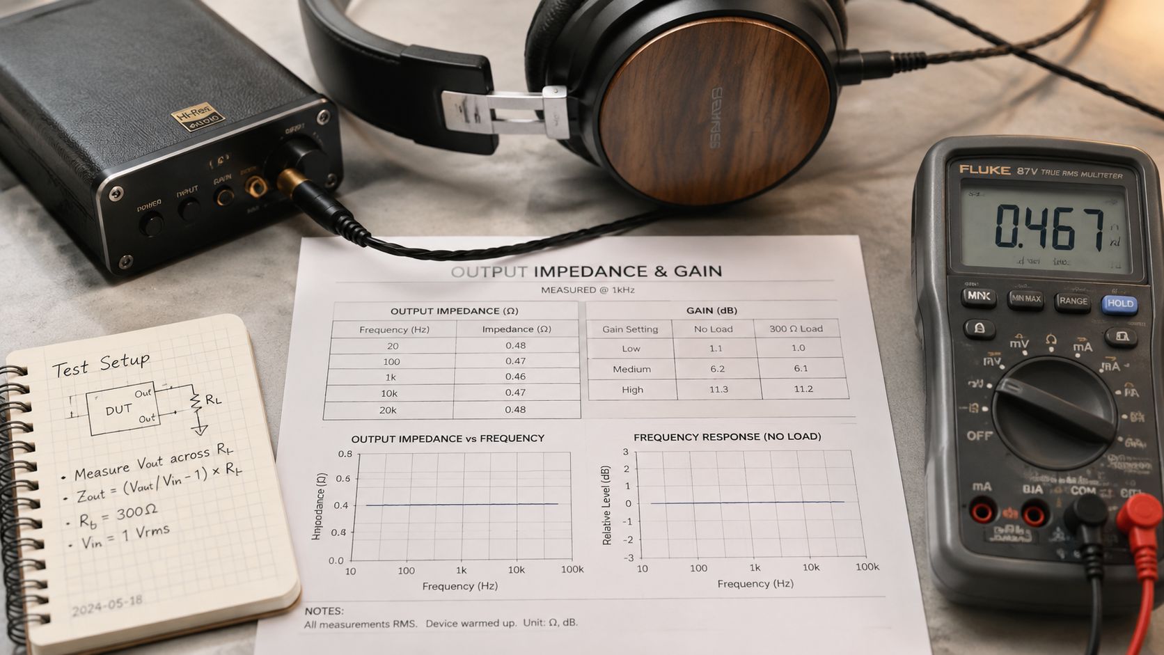 A portable headphone amplifier measurement test setup with a multimeter displaying output impedance results on a table.