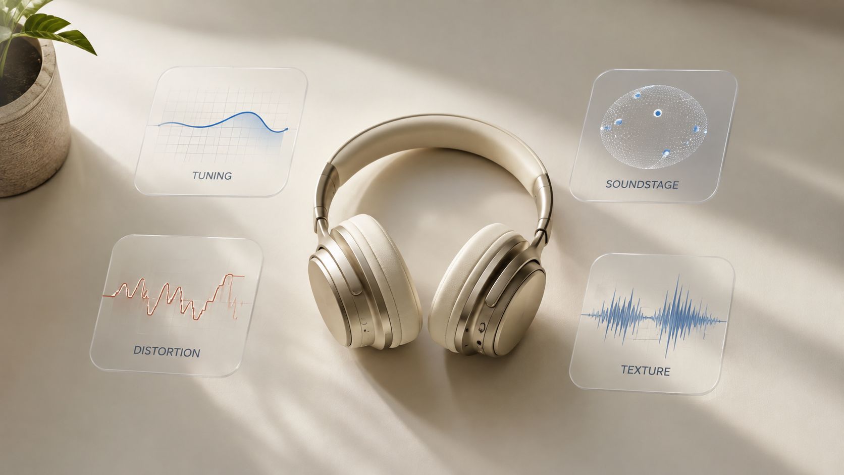 Beige wireless over-ear headphones floating with holographic digital audio analysis charts displayed in the background.