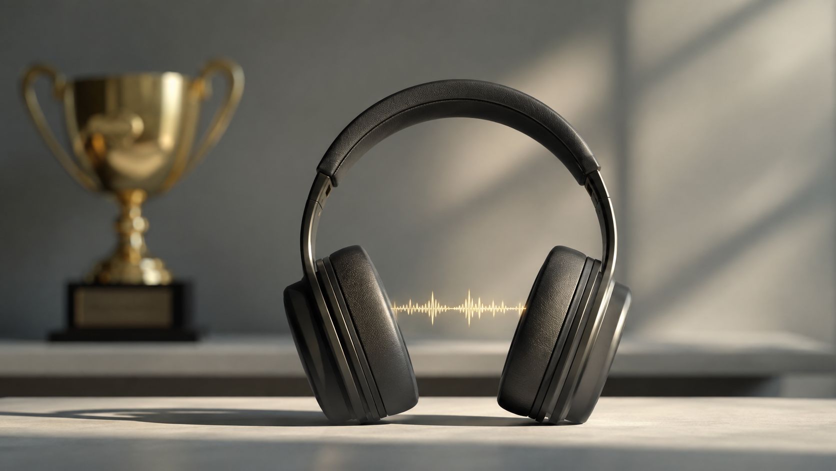 A pair of premium black headphones on a surface with a floating sound wave graphic and trophy