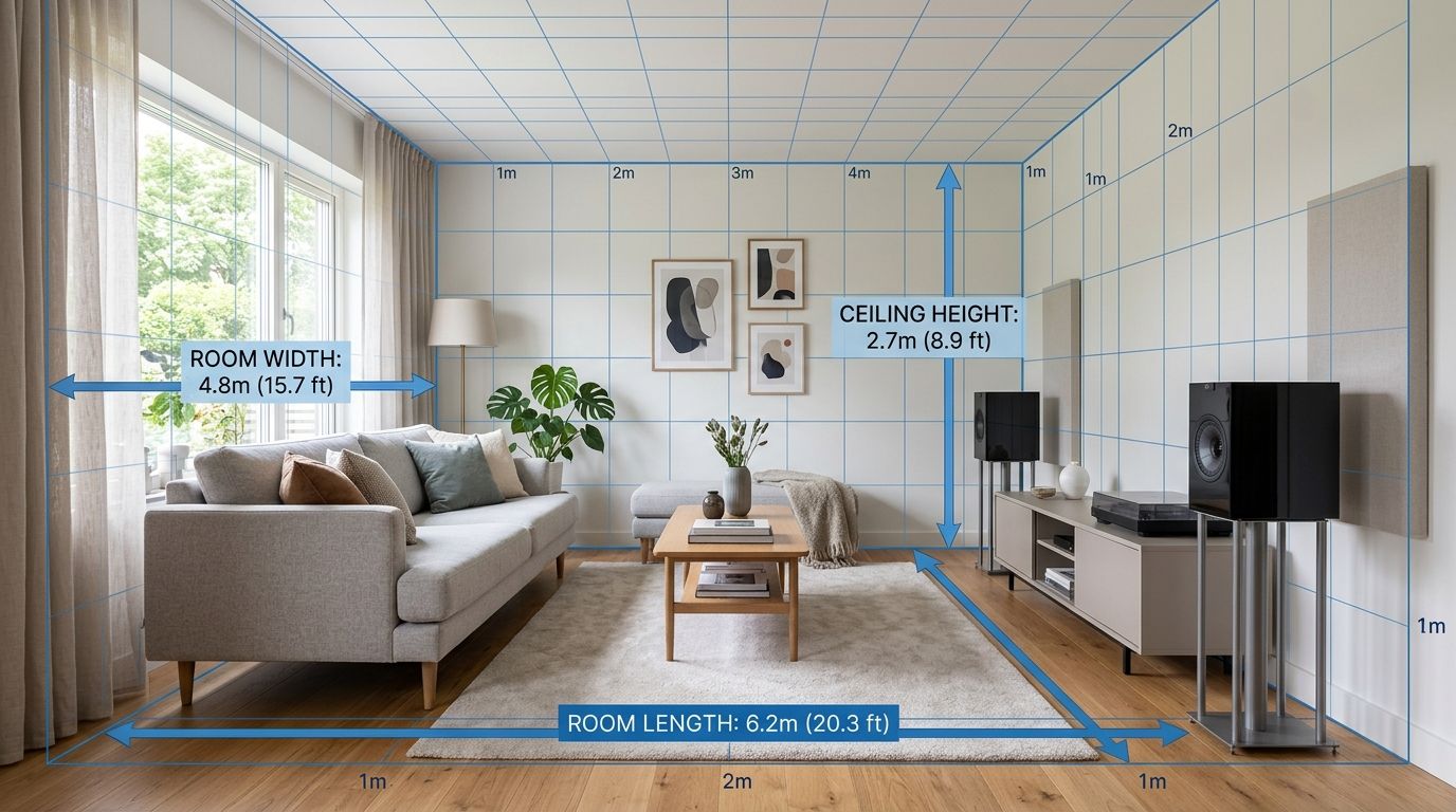A modern living room interior showcasing speaker placement with grid lines illustrating room dimensions for audio optimization.