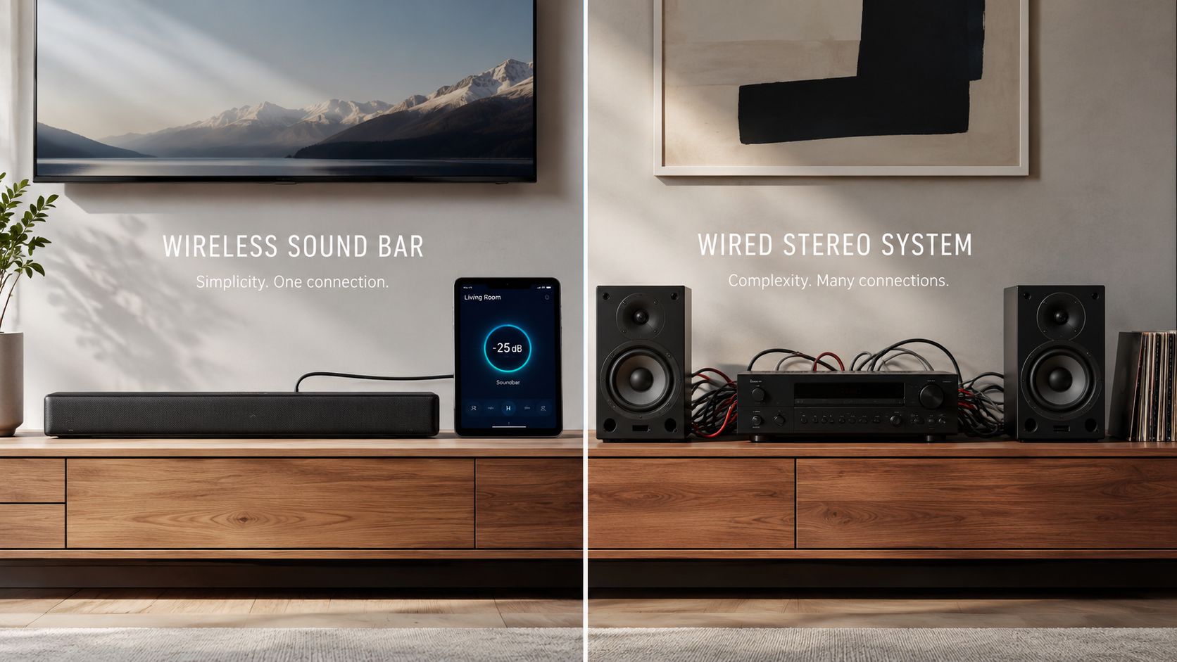 A comparison between a minimalist wireless sound bar setup and a complex wired stereo speaker system.