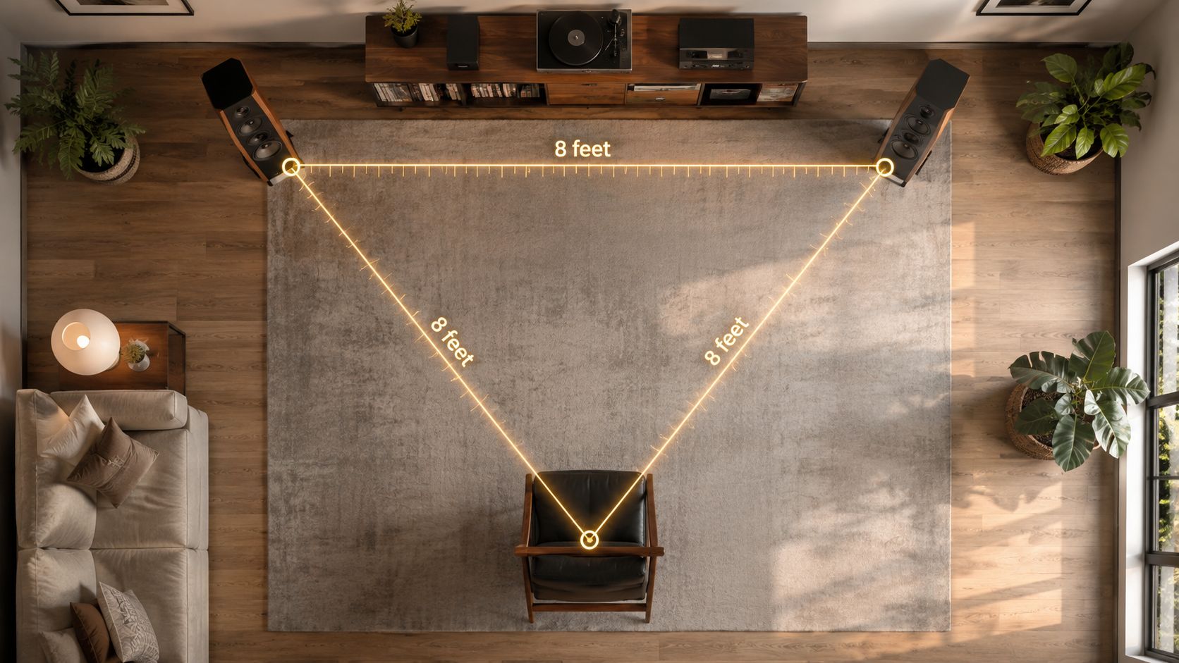 Overhead view of an optimal equilateral speaker placement setup in a modern living room setting.