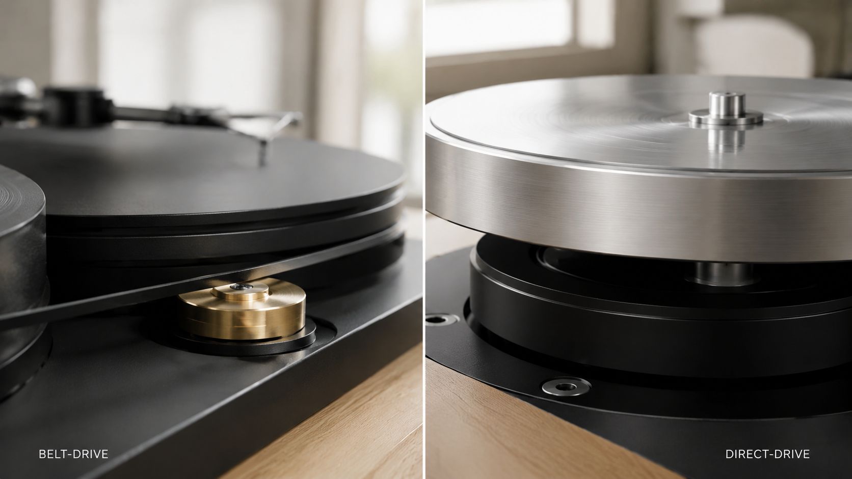 A side-by-side comparison showing the mechanics of a belt-drive turntable versus a direct-drive turntable system.