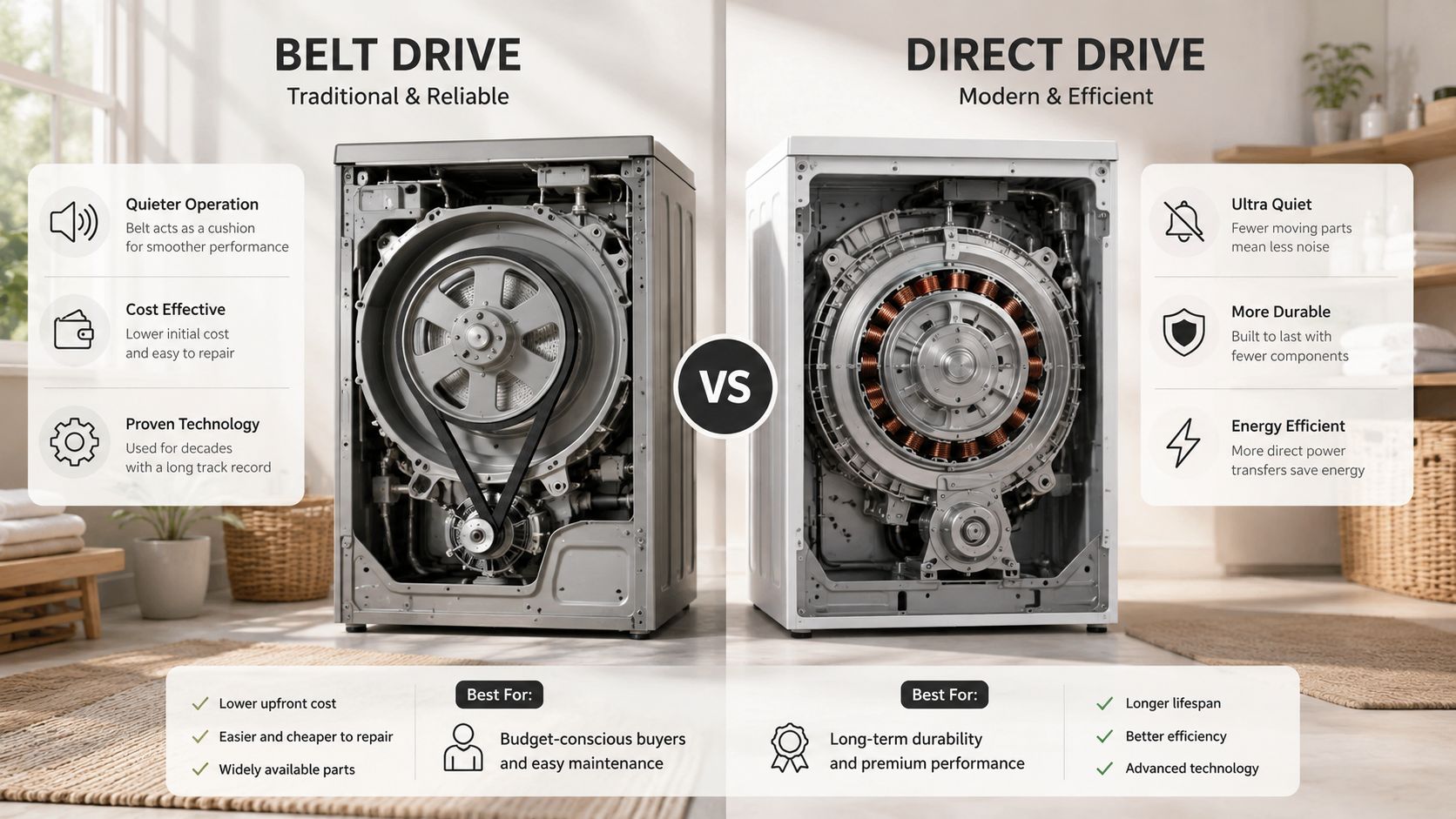 A comparison infographic showing the internal mechanical differences between belt drive and direct drive washing machine motors.