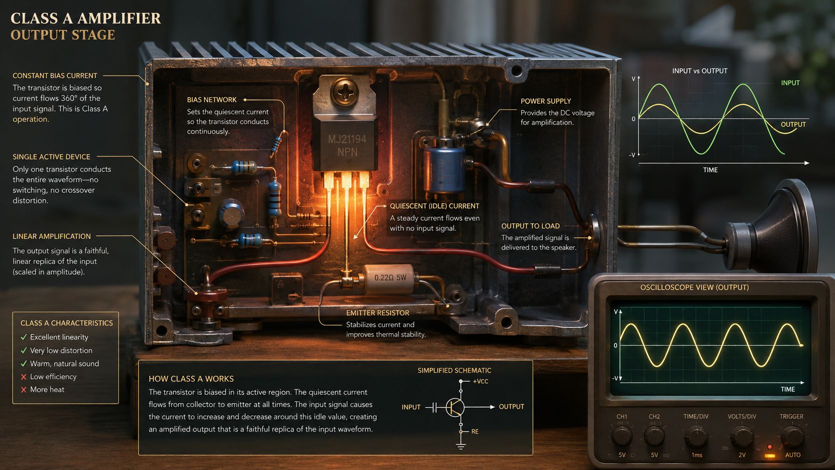 A detailed technical illustration of a Class A amplifier circuit board and its operating principles.