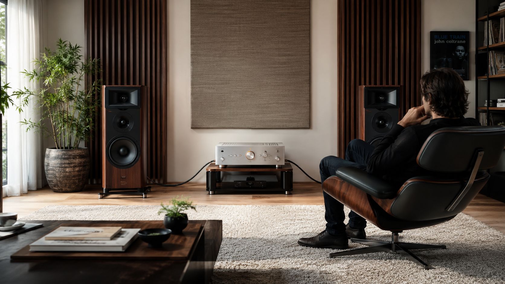 A man sits in an armchair listening to high-end audio equipment in a cozy living room.
